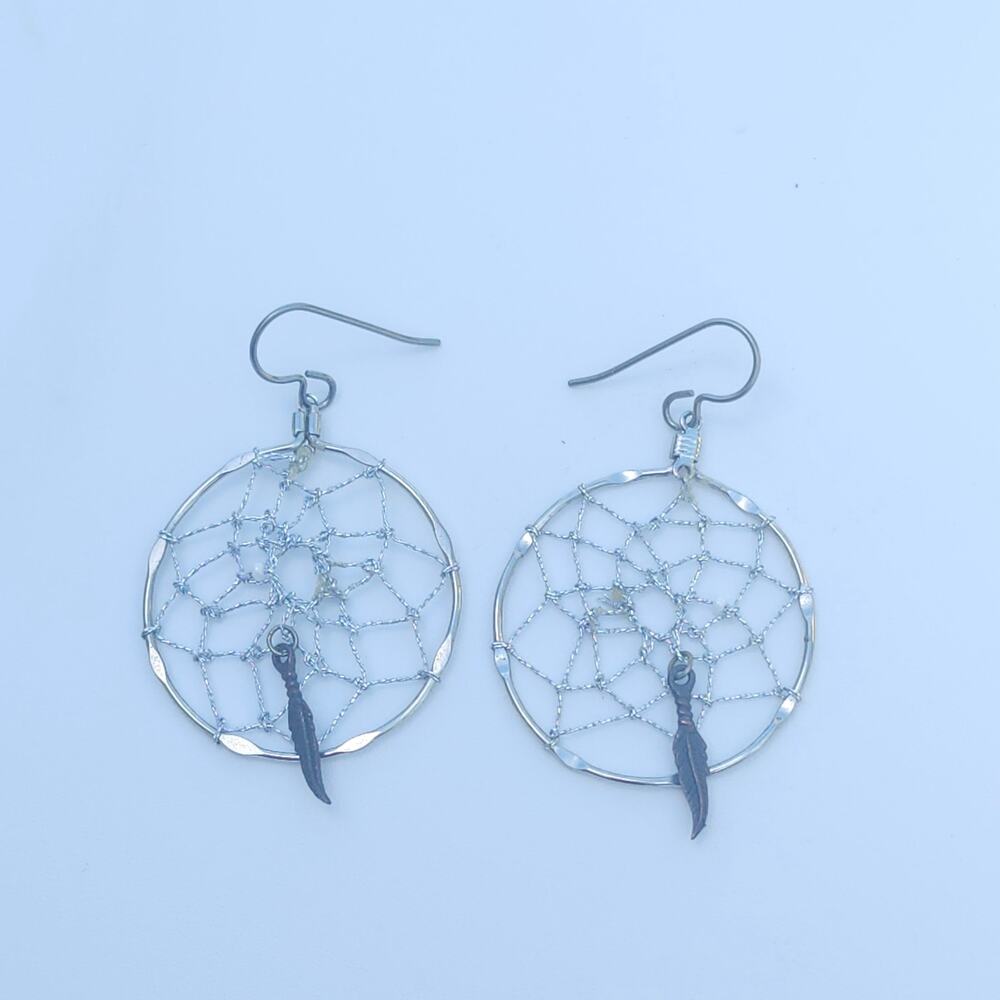 Dream Catcher Feather Earrings Silver Tone Wire Dangle Beaded Boho Hook Pair